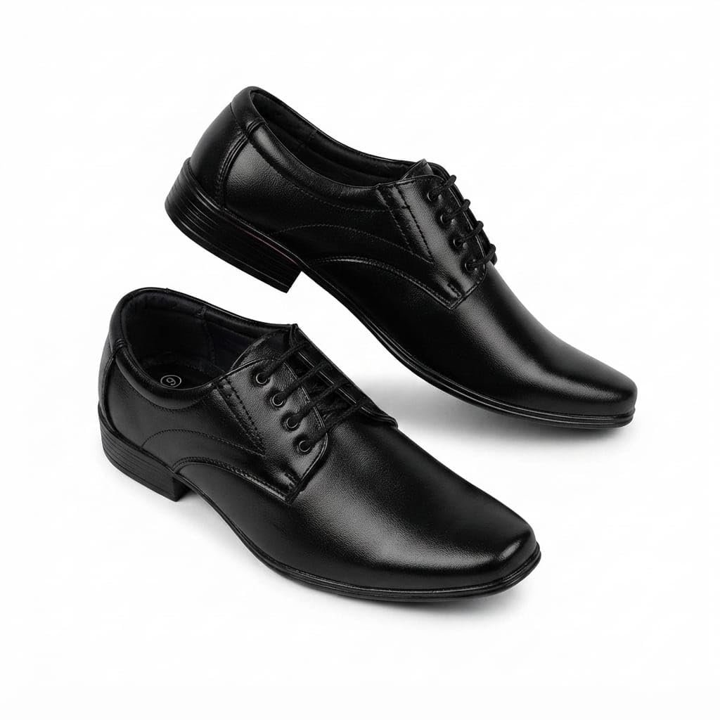Men's Black Lace-Up Derby Formal Shoes with Pointed Toe