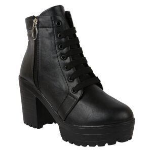 Women Black Zipper & Lace Up Block Heeled Boots